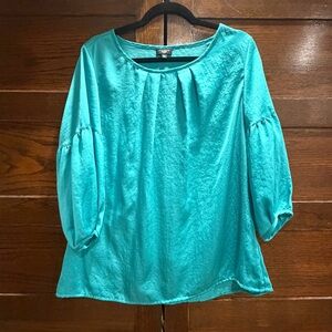 Talbots 12W plus Aqua teal Blouse top shirt 3/4 length Gathered puffy Sleeves